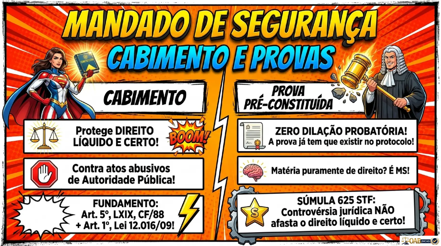 Mapa mental sobre mandado de segurança, cabimento e provas