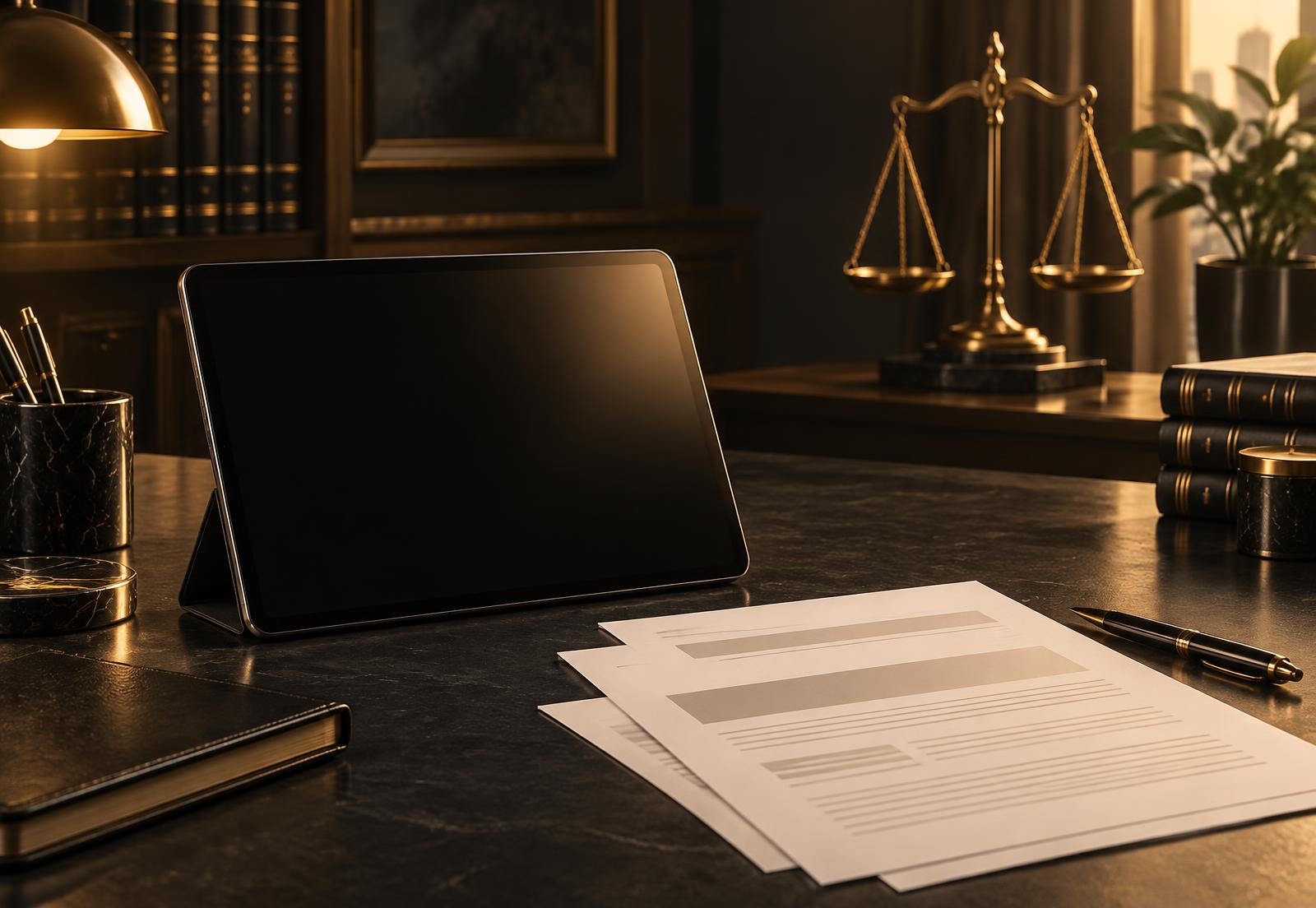 Mesa de estudos jurídicos com tablet, livros e balança da justiça